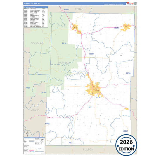 Howell County, MO Business Reference 5 Digit ZIP Code Wall Map