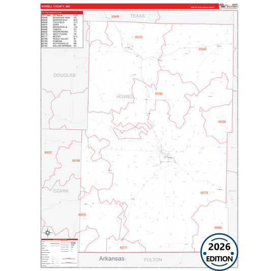 Howell County, MO Red Line 5 Digit ZIP Code Wall Map