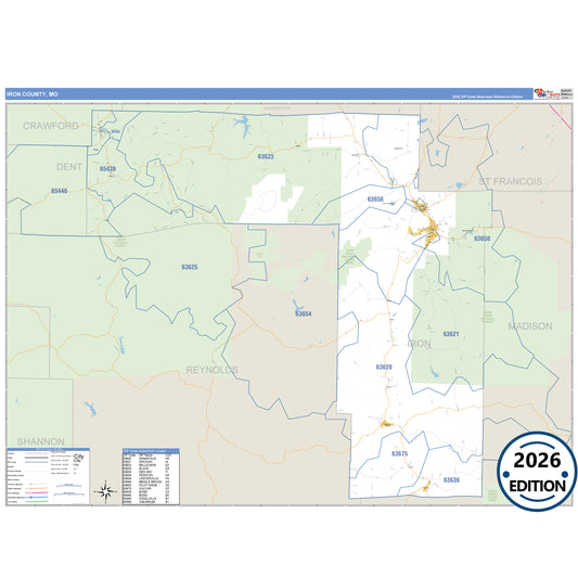 Iron County, MO Business Reference 5 Digit ZIP Code Wall Map