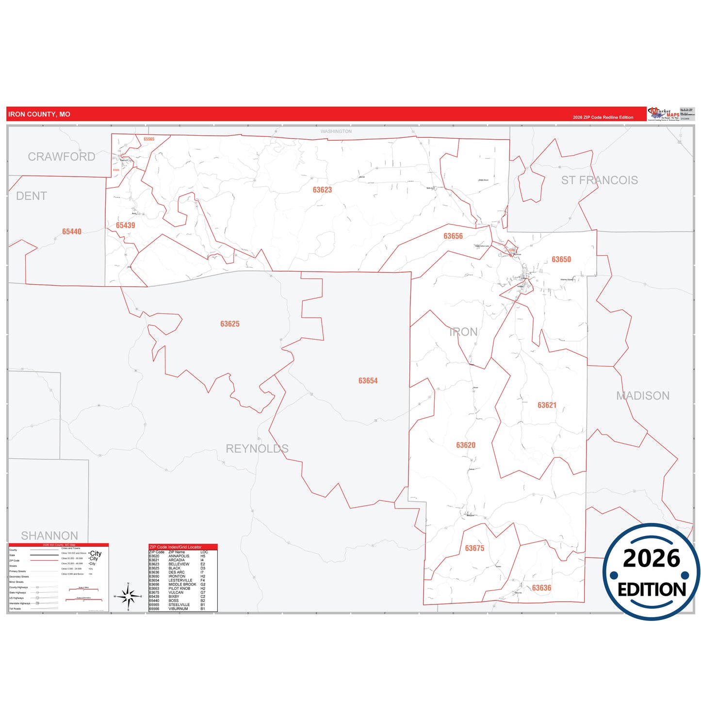 Iron County, MO Red Line 5 Digit ZIP Code Wall Map