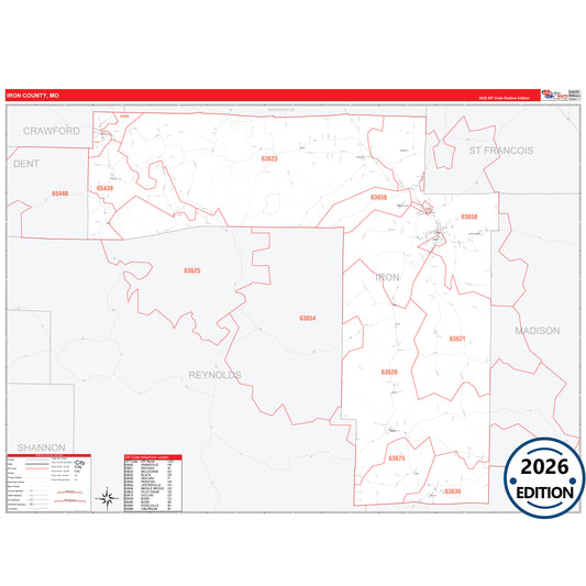 Iron County, MO Red Line 5 Digit ZIP Code Wall Map