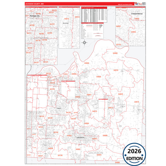 Jackson County, MO Red Line 5 Digit ZIP Code Wall Map