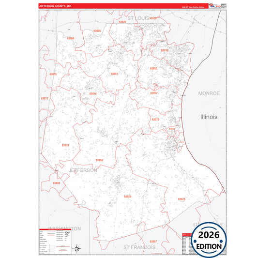 Jefferson County, MO Red Line 5 Digit ZIP Code Wall Map