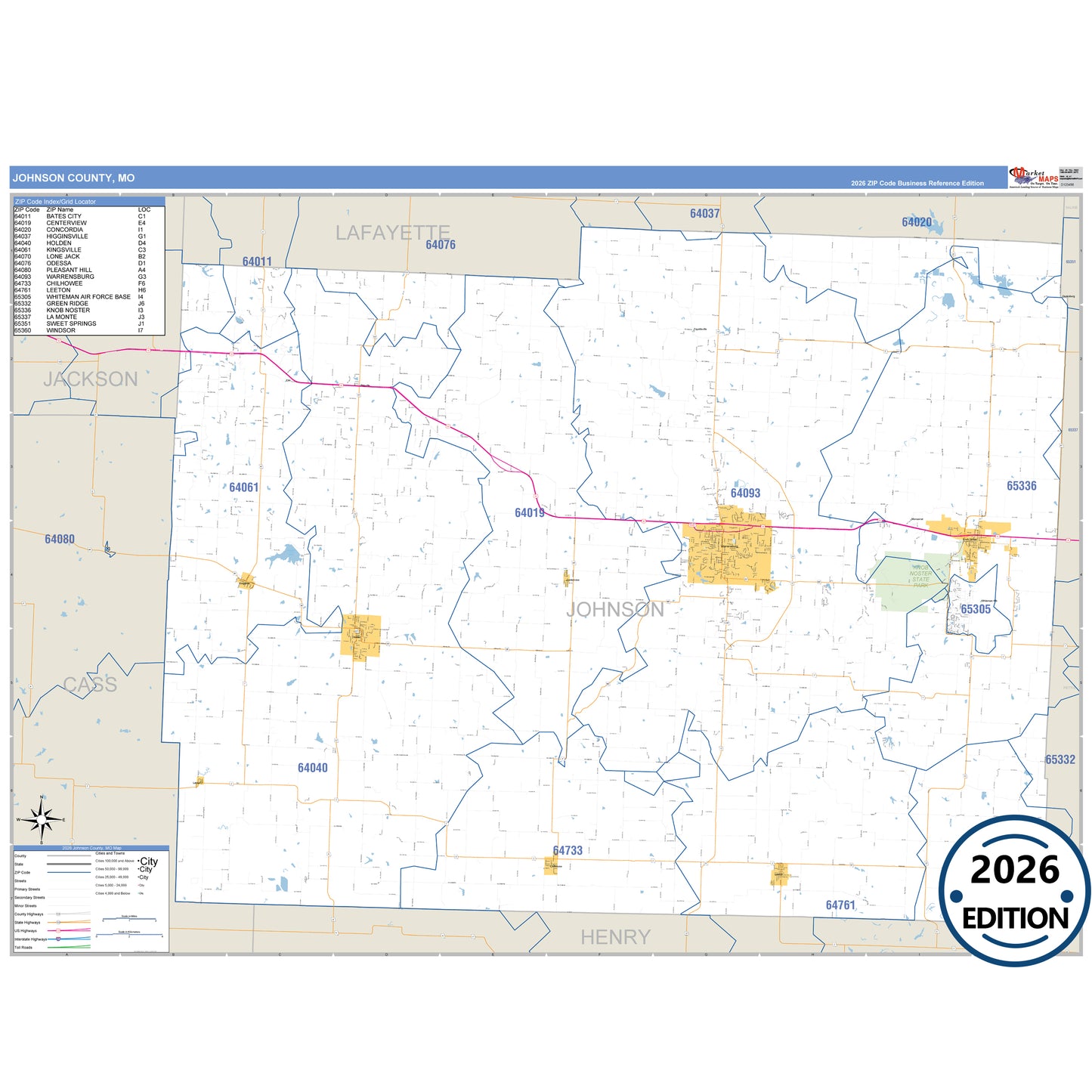 Johnson County, MO Business Reference 5 Digit ZIP Code Wall Map