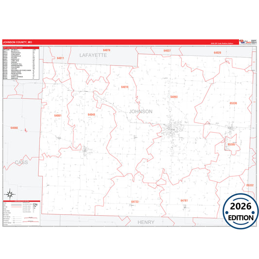 Johnson County, MO Red Line 5 Digit ZIP Code Wall Map