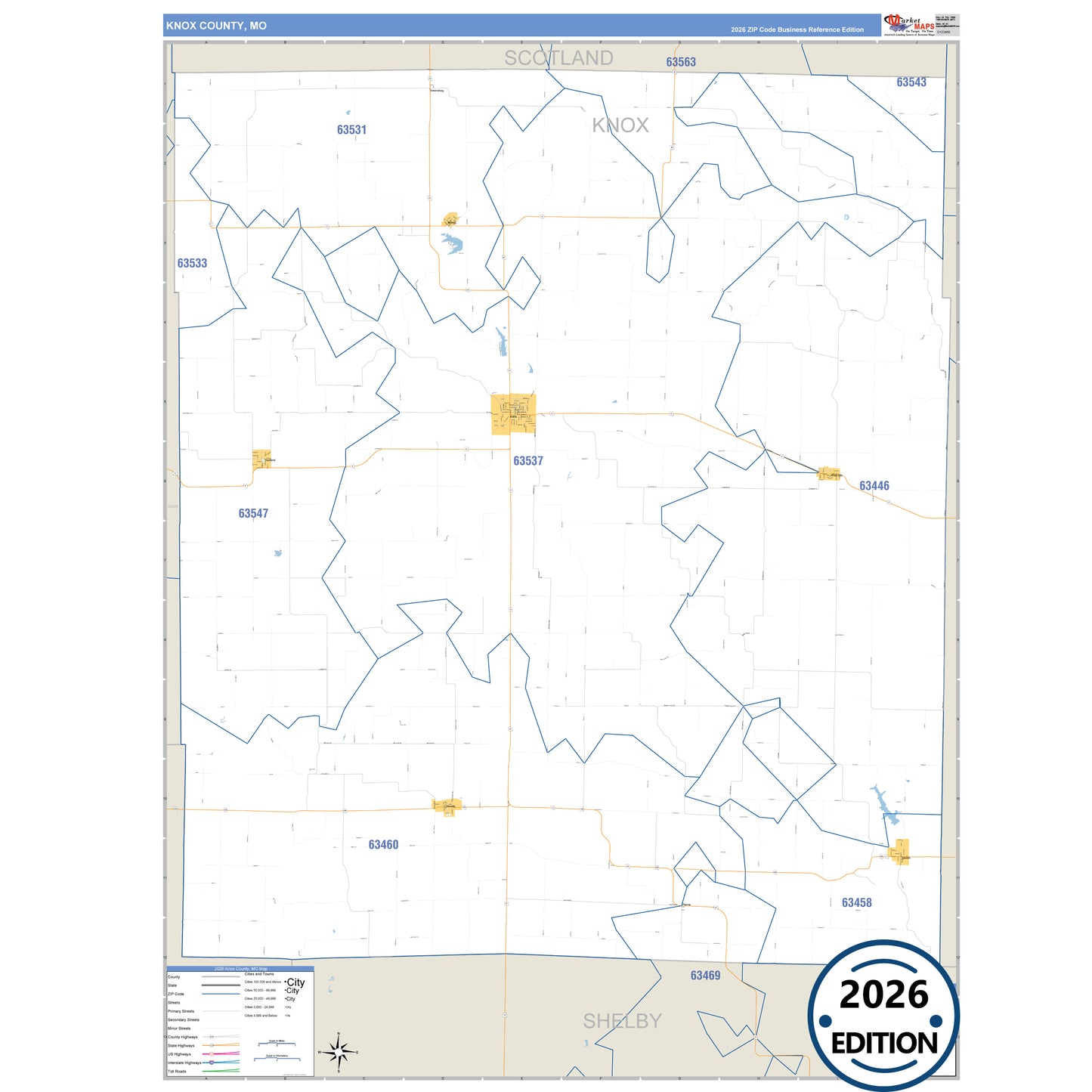 Knox County, MO Business Reference 5 Digit ZIP Code Wall Map