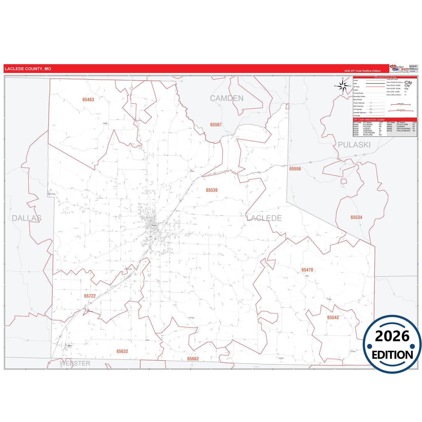 Laclede County, MO Red Line 5 Digit ZIP Code Wall Map