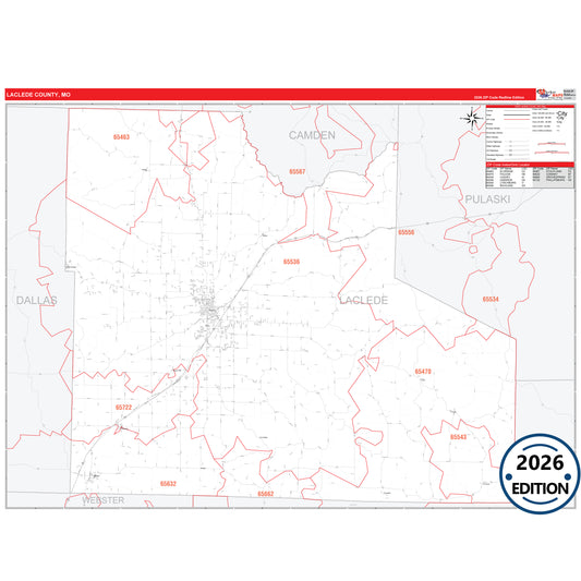 Laclede County, MO Red Line 5 Digit ZIP Code Wall Map