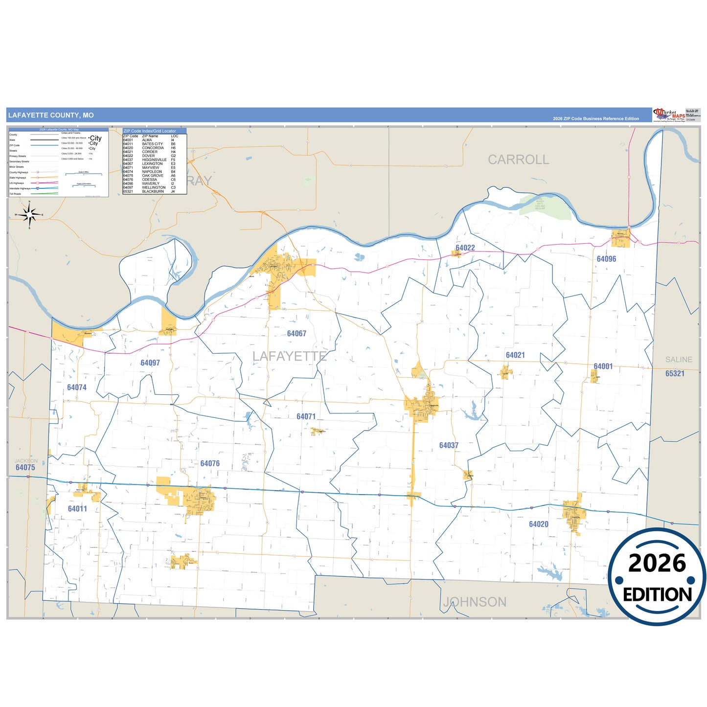 Lafayette County, MO Business Reference 5 Digit ZIP Code Wall Map