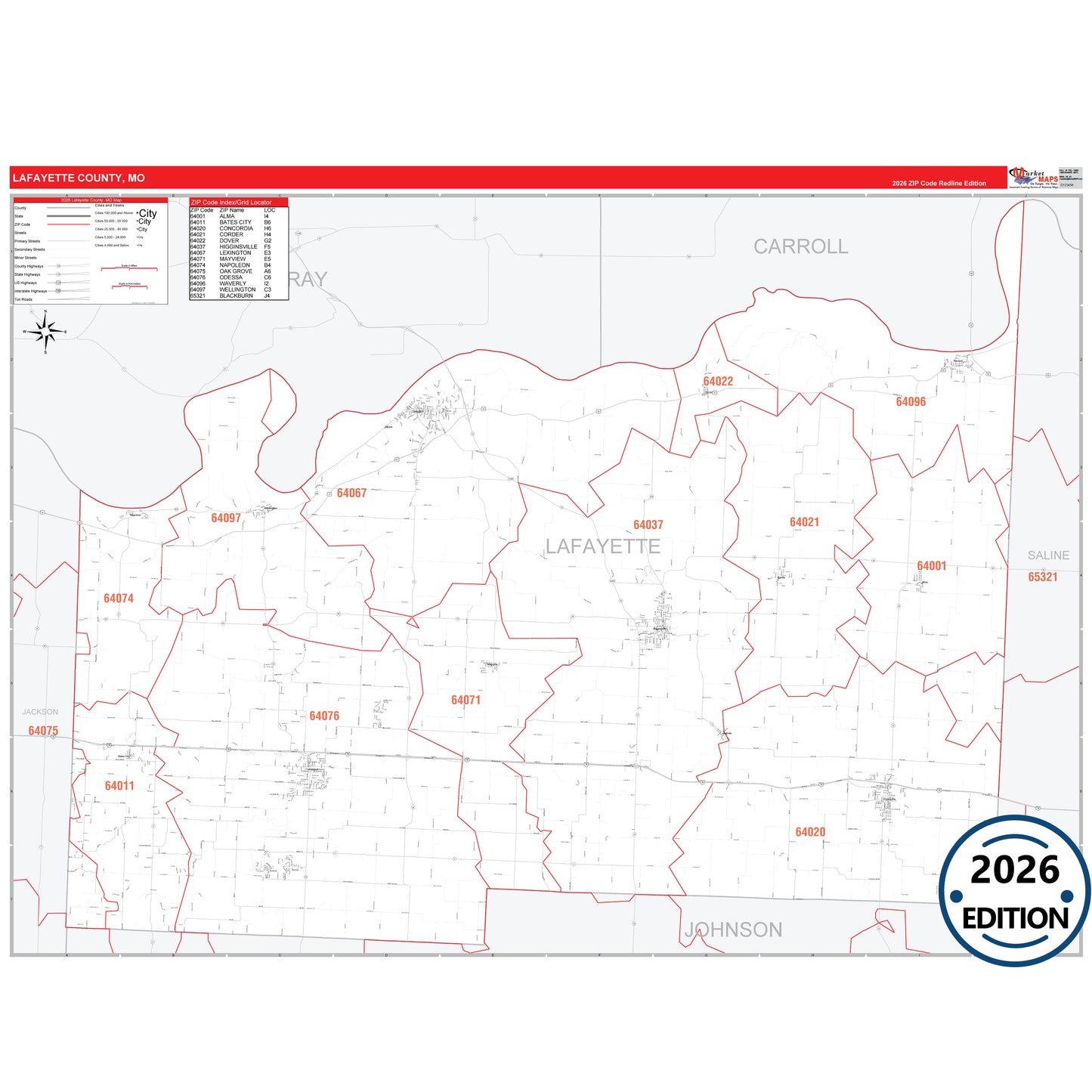Lafayette County, MO Red Line 5 Digit ZIP Code Wall Map