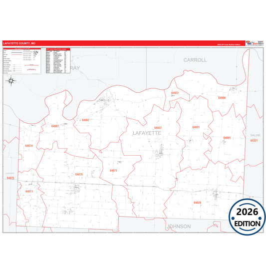 Lafayette County, MO Red Line 5 Digit ZIP Code Wall Map