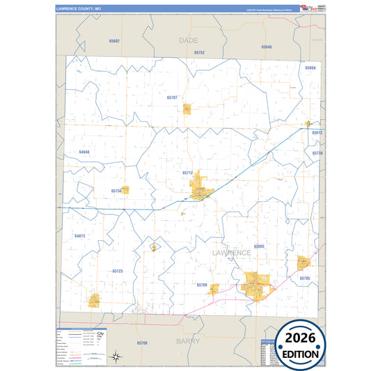 Lawrence County, MO Business Reference 5 Digit ZIP Code Wall Map
