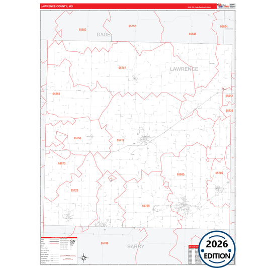 Lawrence County, MO Red Line 5 Digit ZIP Code Wall Map