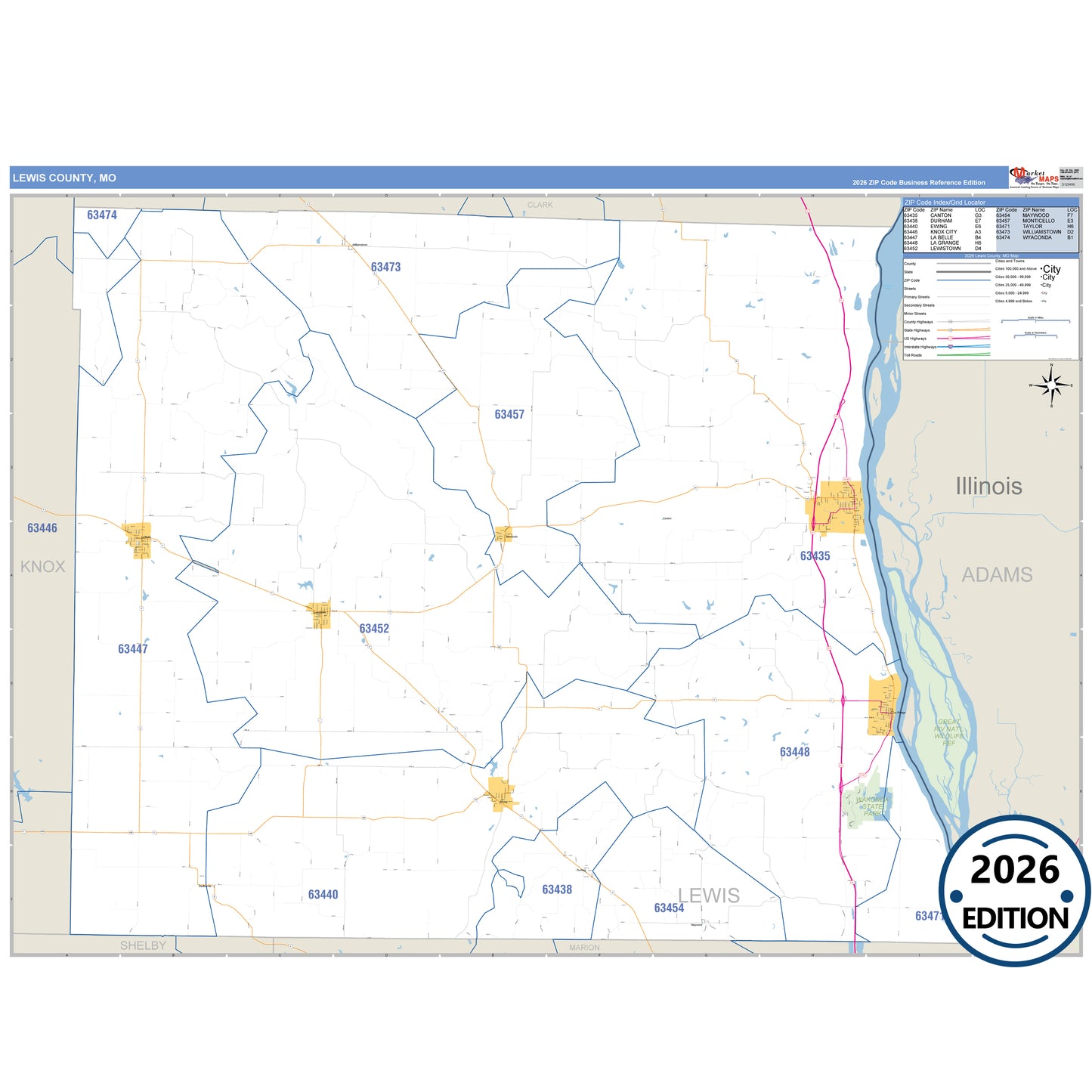 Lewis County, MO Business Reference 5 Digit ZIP Code Wall Map