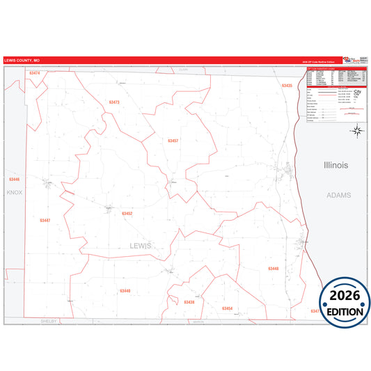 Lewis County, MO Red Line 5 Digit ZIP Code Wall Map