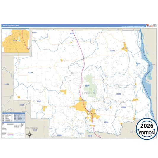 Lincoln County, MO Business Reference 5 Digit ZIP Code Wall Map