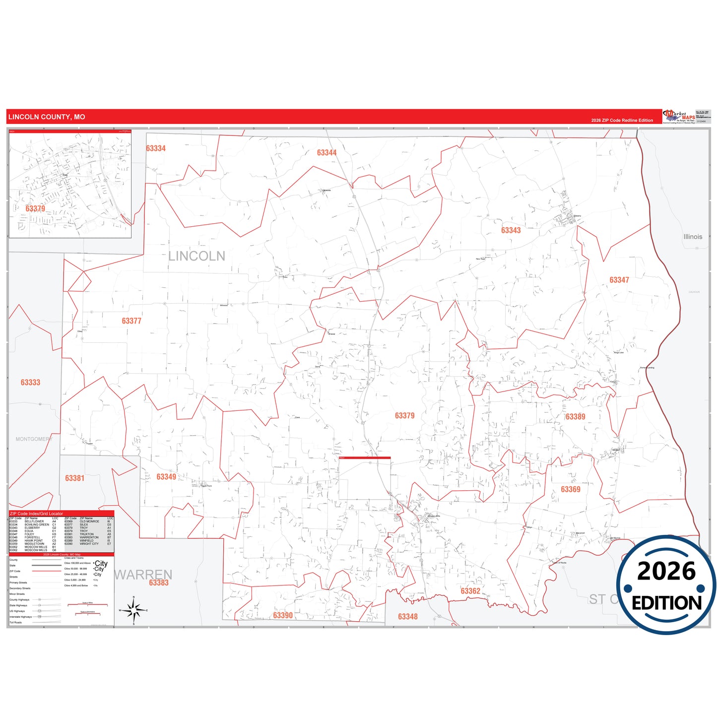 Lincoln County, MO Red Line 5 Digit ZIP Code Wall Map