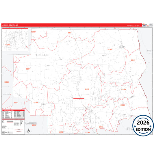 Lincoln County, MO Red Line 5 Digit ZIP Code Wall Map
