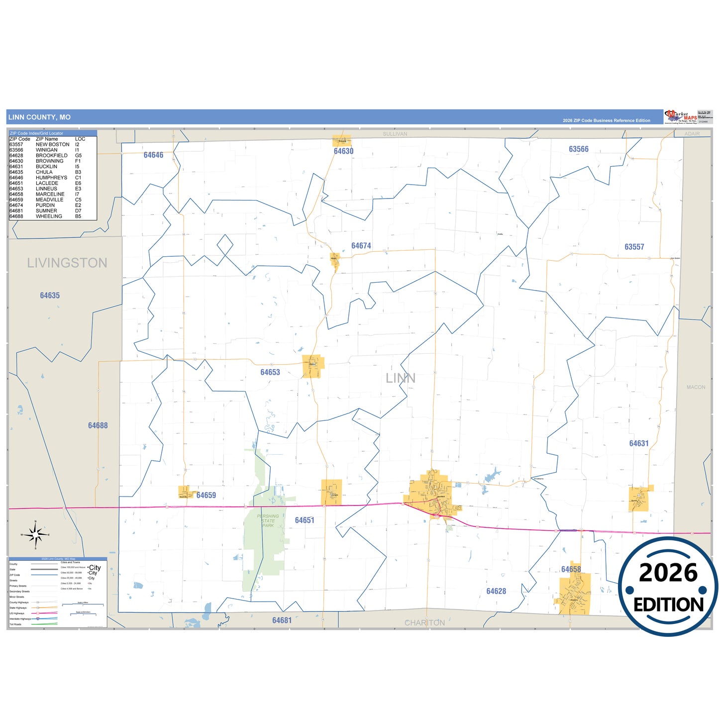 Linn County, MO Business Reference 5 Digit ZIP Code Wall Map