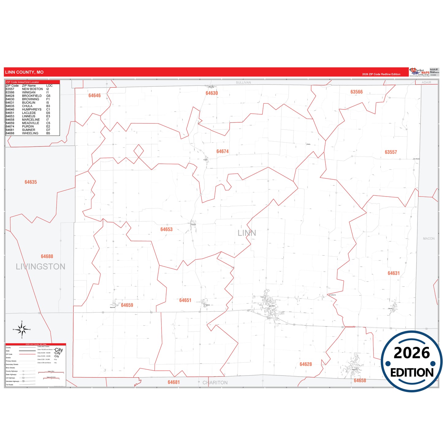 Linn County, MO Red Line 5 Digit ZIP Code Wall Map