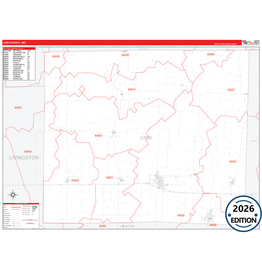 Linn County, MO Red Line 5 Digit ZIP Code Wall Map