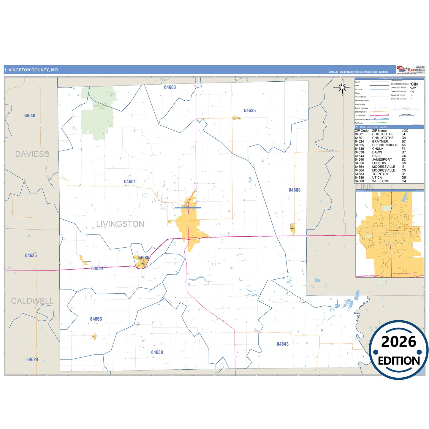 Livingston County, MO Business Reference 5 Digit ZIP Code Wall Map