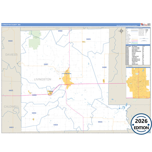 Livingston County, MO Business Reference 5 Digit ZIP Code Wall Map