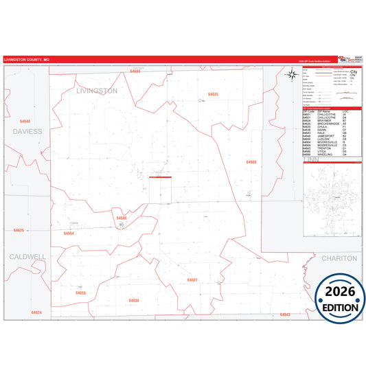 Livingston County, MO Red Line 5 Digit ZIP Code Wall Map