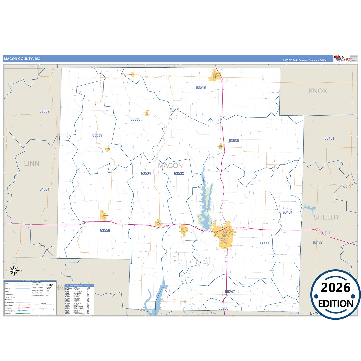 Macon County, MO Business Reference 5 Digit ZIP Code Wall Map
