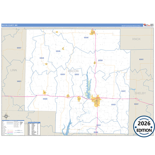 Macon County, MO Business Reference 5 Digit ZIP Code Wall Map