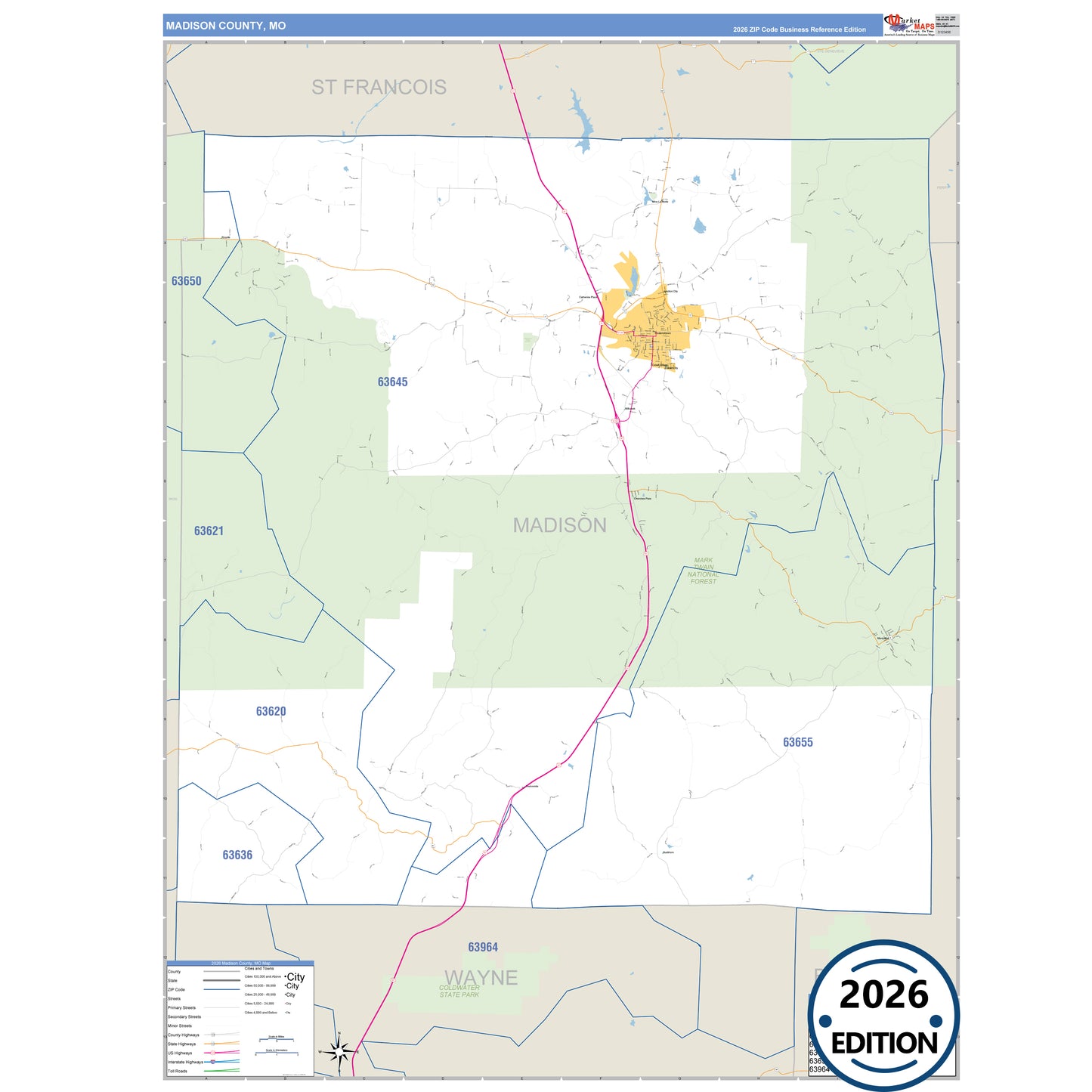 Madison County, MO Business Reference 5 Digit ZIP Code Wall Map