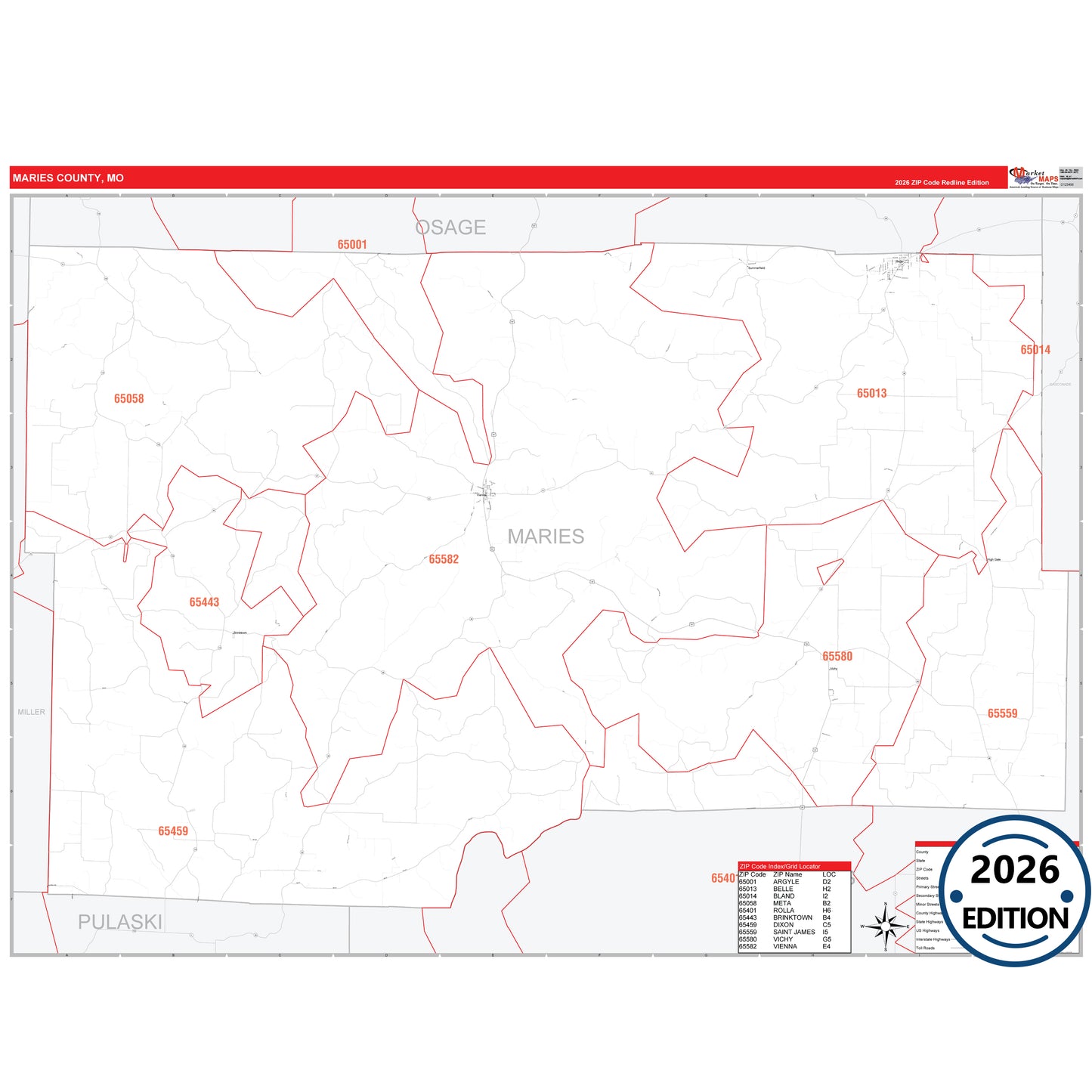 Maries County, MO Red Line 5 Digit ZIP Code Wall Map