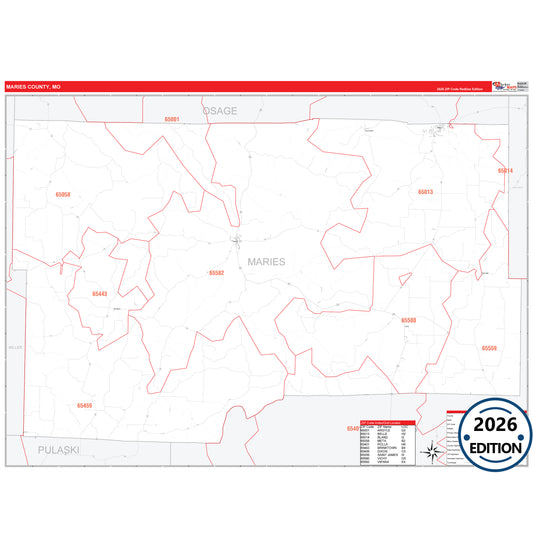 Maries County, MO Red Line 5 Digit ZIP Code Wall Map