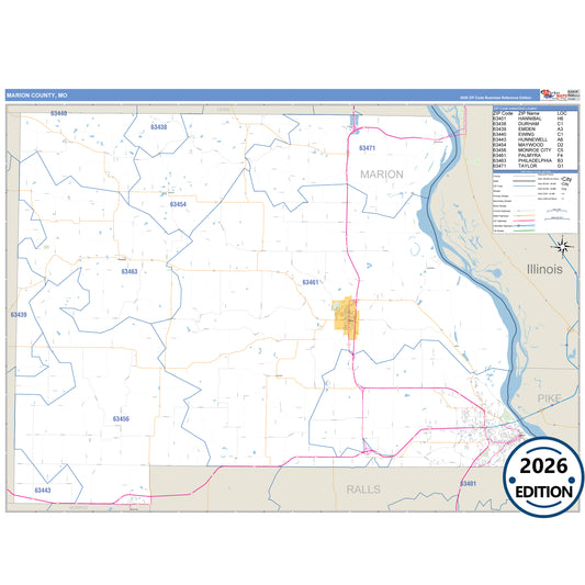 Marion County, MO Business Reference 5 Digit ZIP Code Wall Map