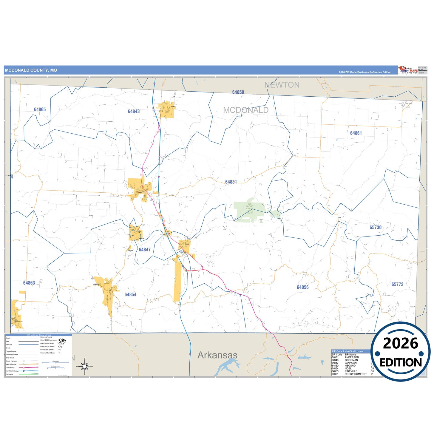 McDonald County, MO Business Reference 5 Digit ZIP Code Wall Map