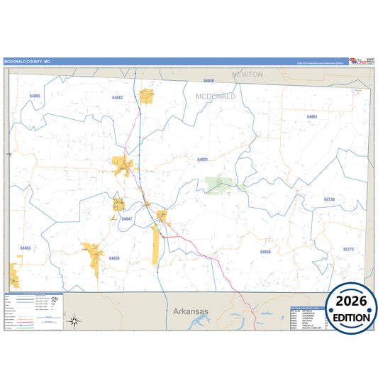 McDonald County, MO Business Reference 5 Digit ZIP Code Wall Map
