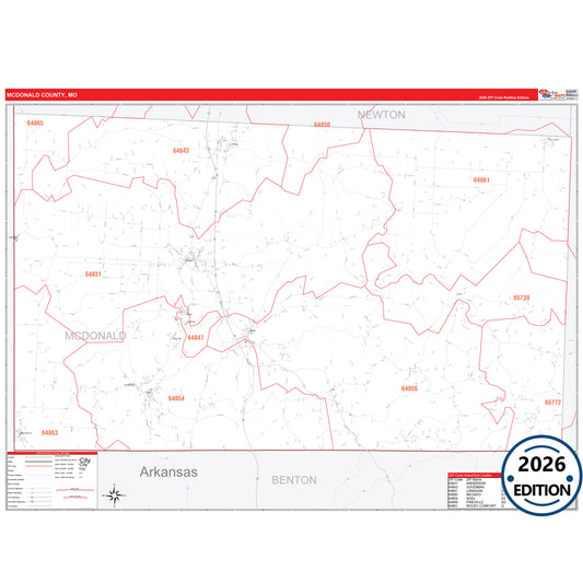 McDonald County, MO Red Line 5 Digit ZIP Code Wall Map
