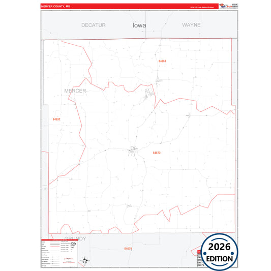 Mercer County, MO Red Line 5 Digit ZIP Code Wall Map