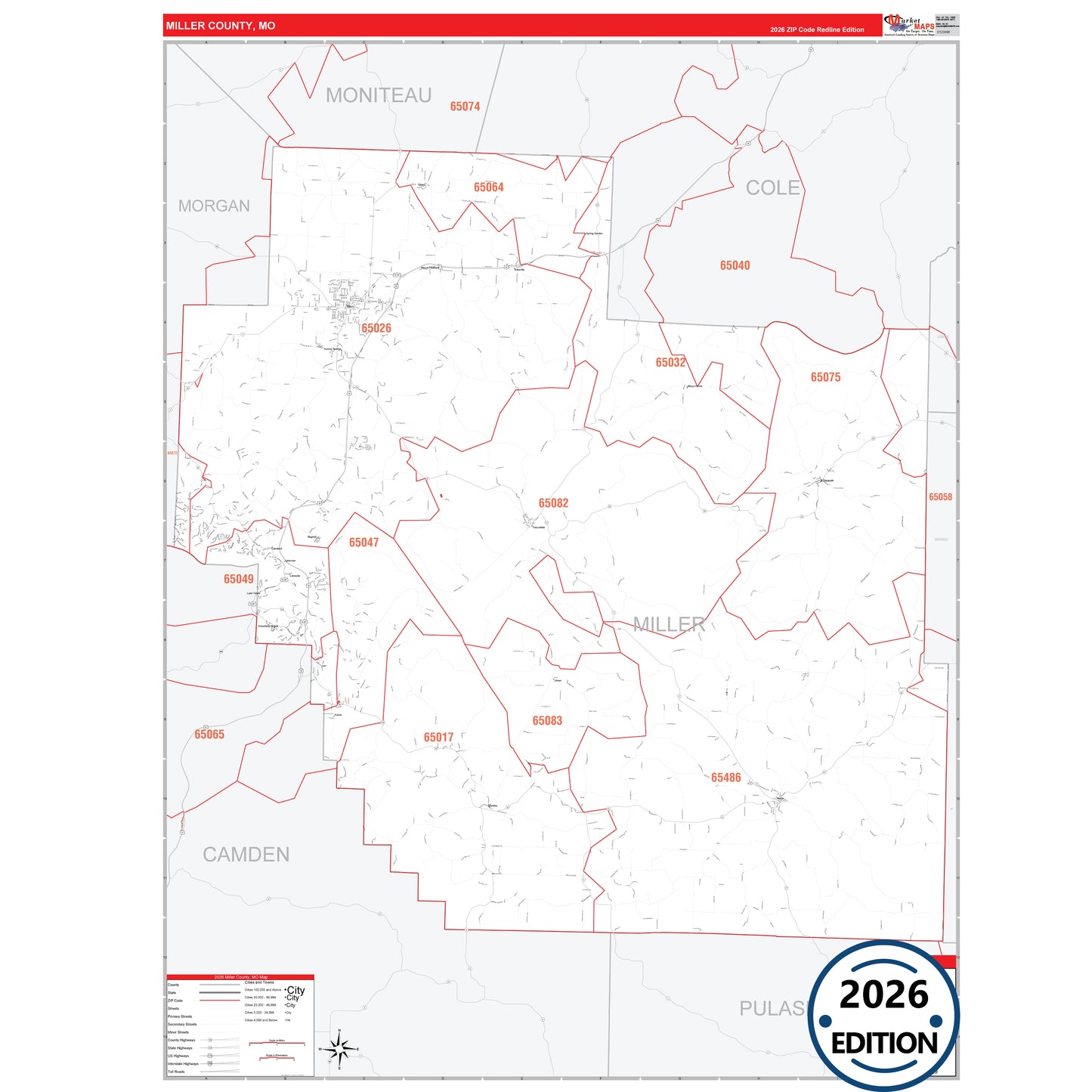 Miller County, MO Red Line 5 Digit ZIP Code Wall Map