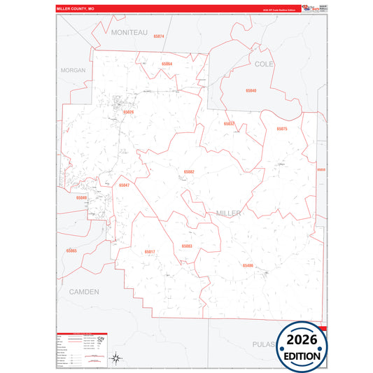 Miller County, MO Red Line 5 Digit ZIP Code Wall Map