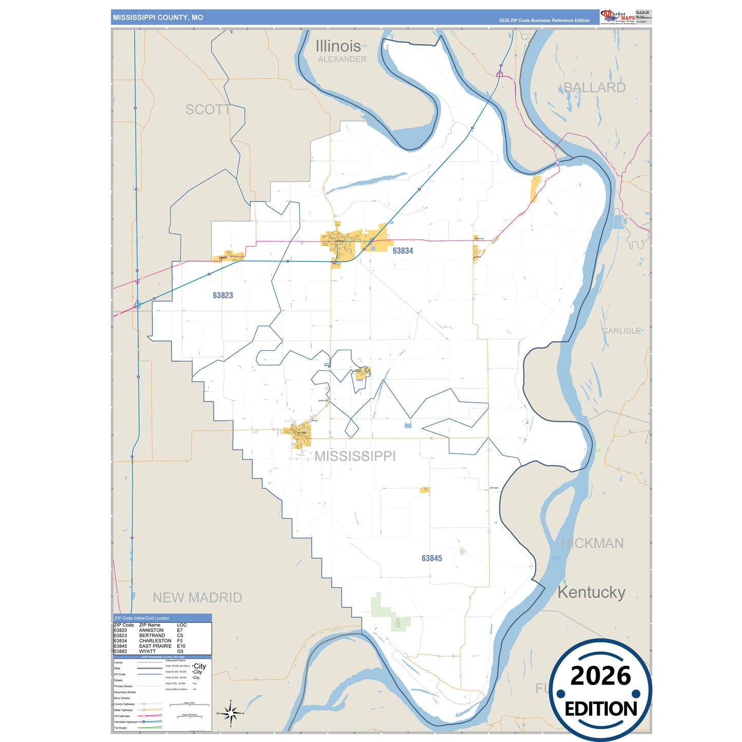 Mississippi County, MO Business Reference 5 Digit ZIP Code Wall Map