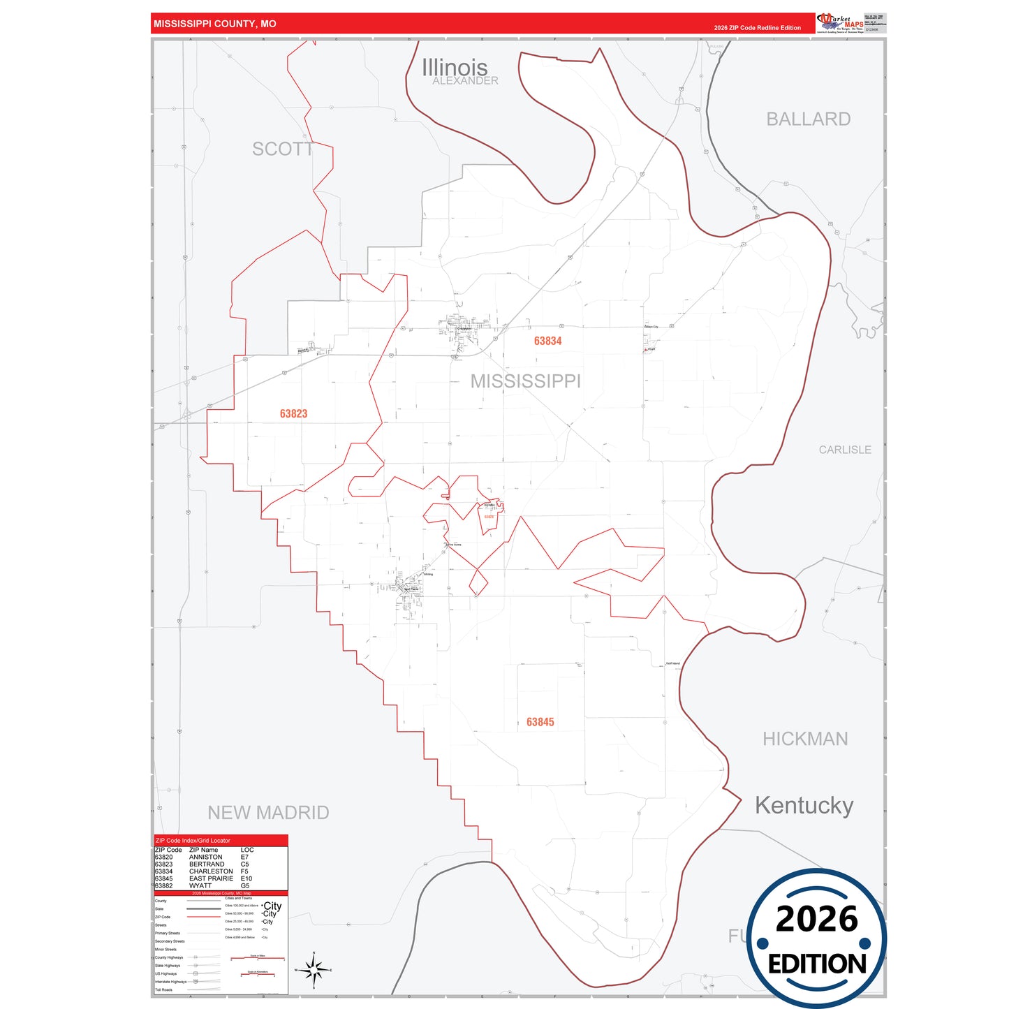Mississippi County, MO Red Line 5 Digit ZIP Code Wall Map