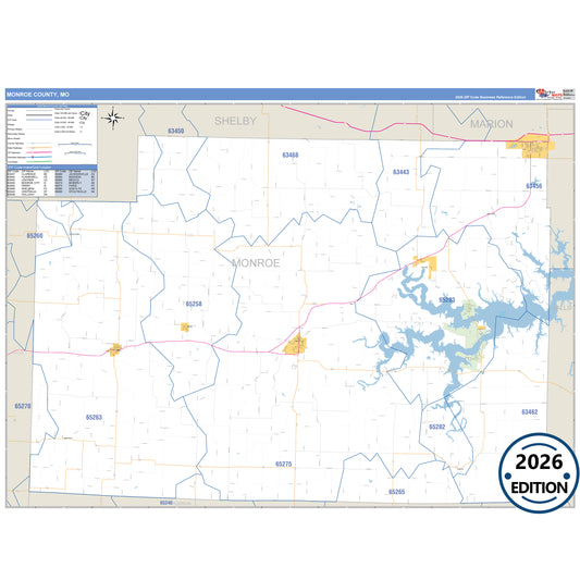 Monroe County, MO Business Reference 5 Digit ZIP Code Wall Map