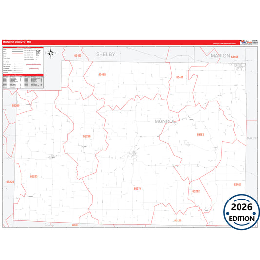 Monroe County, MO Red Line 5 Digit ZIP Code Wall Map