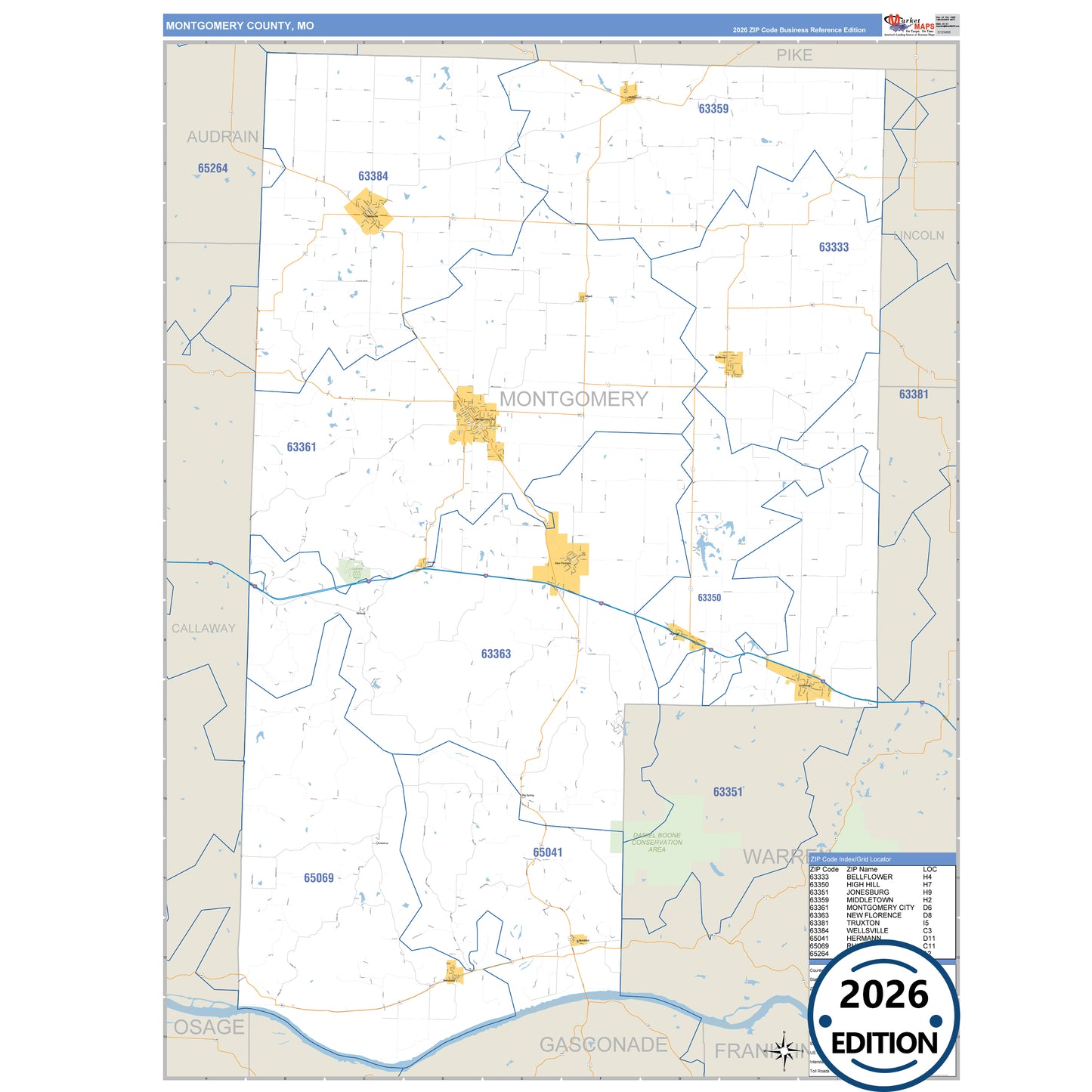 Montgomery County, MO Business Reference 5 Digit ZIP Code Wall Map