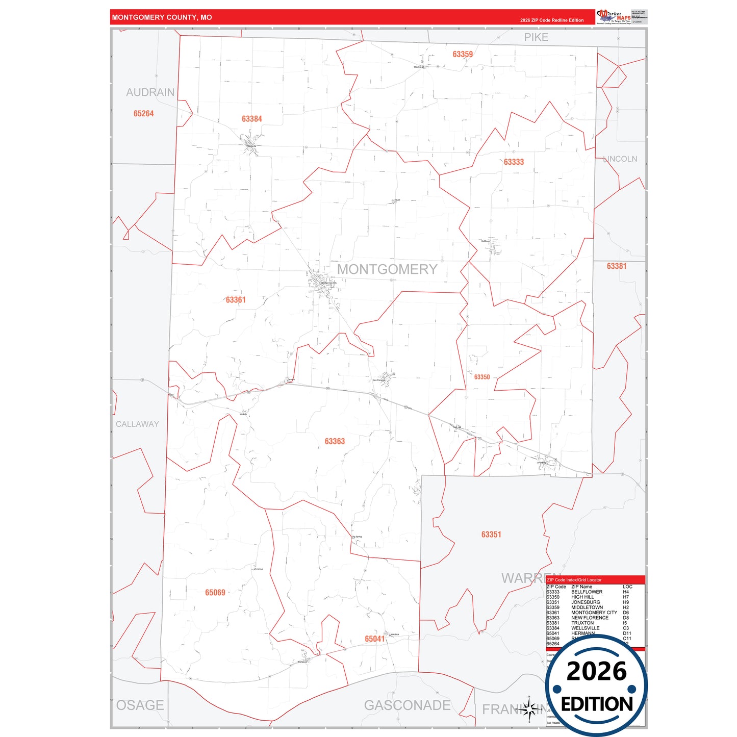 Montgomery County, MO Red Line 5 Digit ZIP Code Wall Map