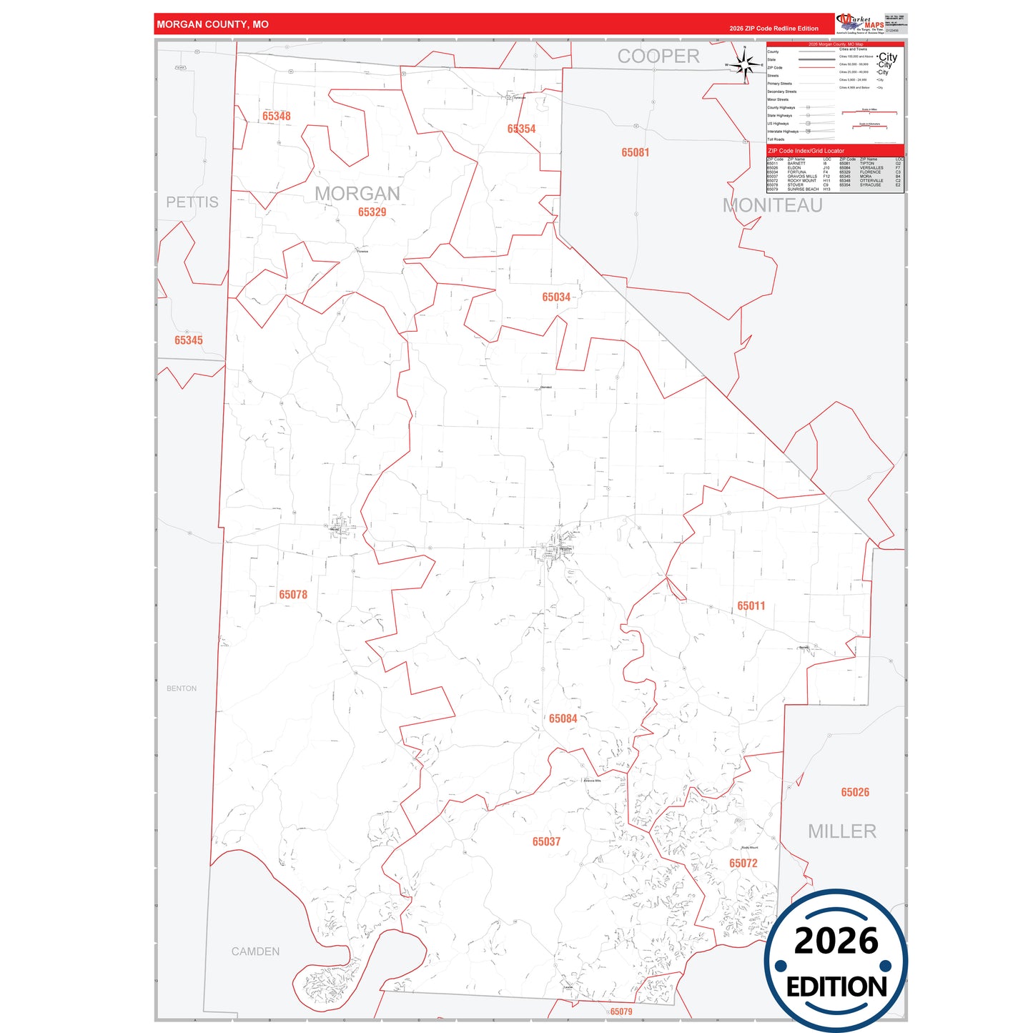 Morgan County, MO Red Line 5 Digit ZIP Code Wall Map