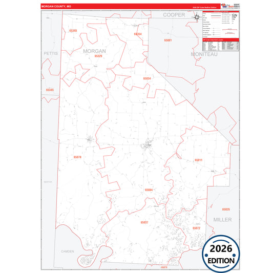 Morgan County, MO Red Line 5 Digit ZIP Code Wall Map