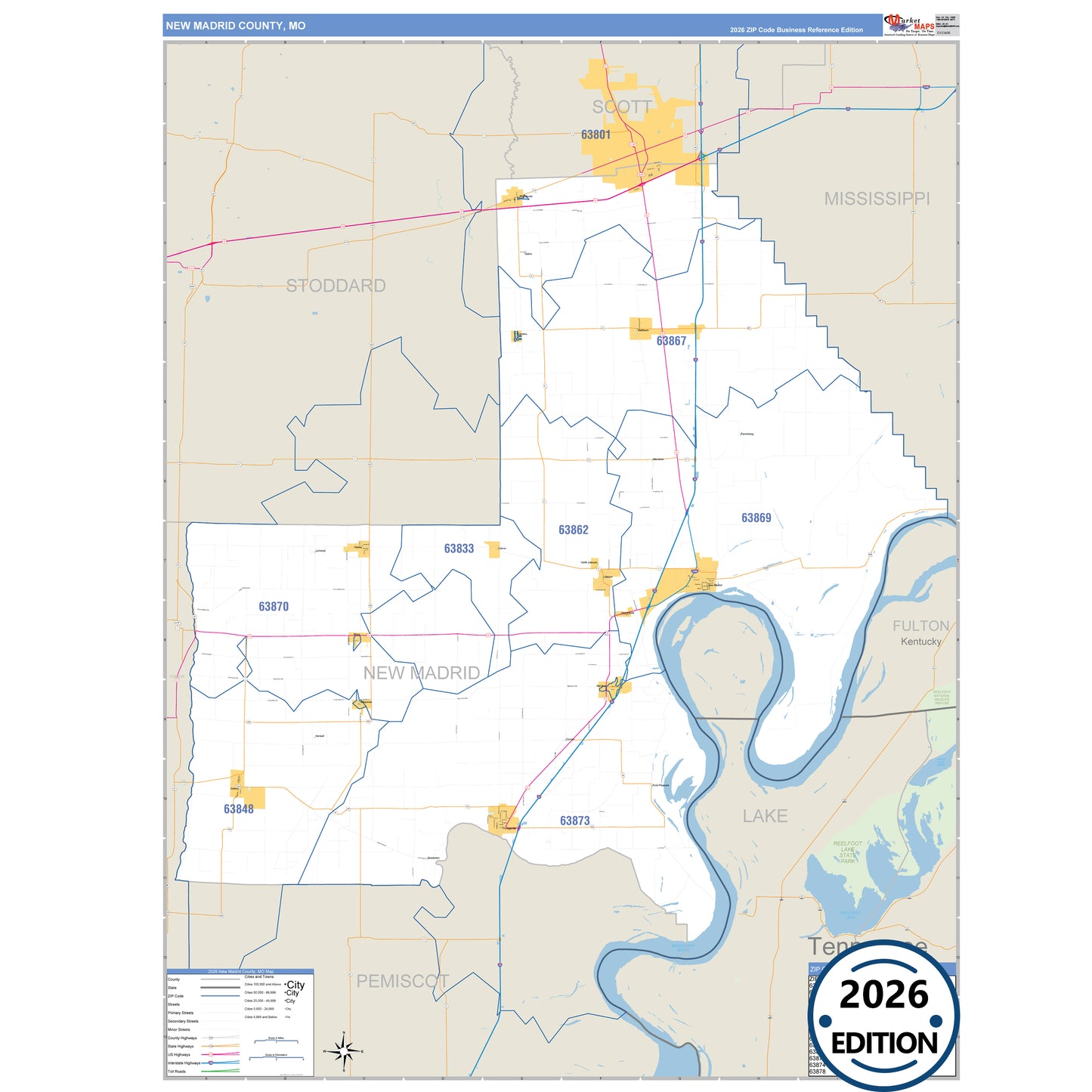 New Madrid County, MO Business Reference 5 Digit ZIP Code Wall Map