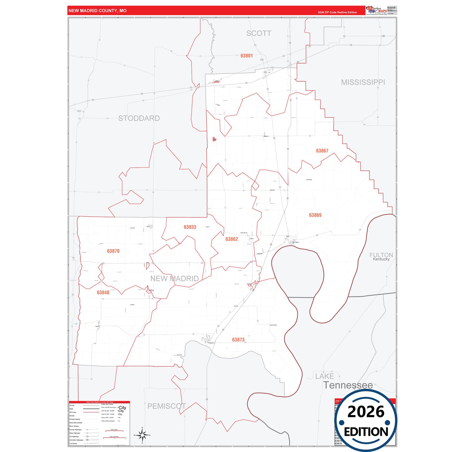 New Madrid County, MO Red Line 5 Digit ZIP Code Wall Map